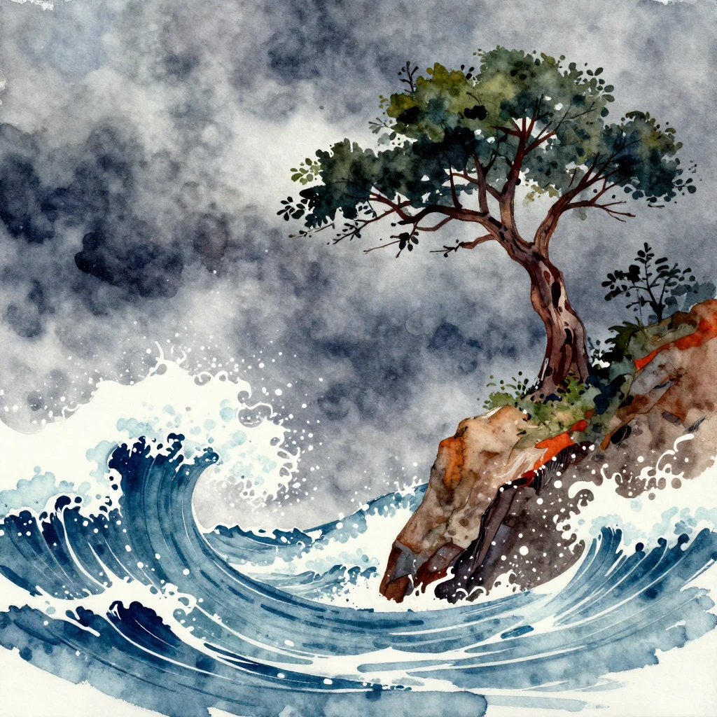 A dynamic watercolor painting depicting abstract forms and v...