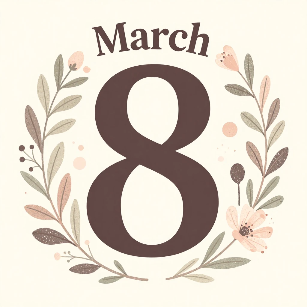 An artistic illustration of a greeting card design for March...