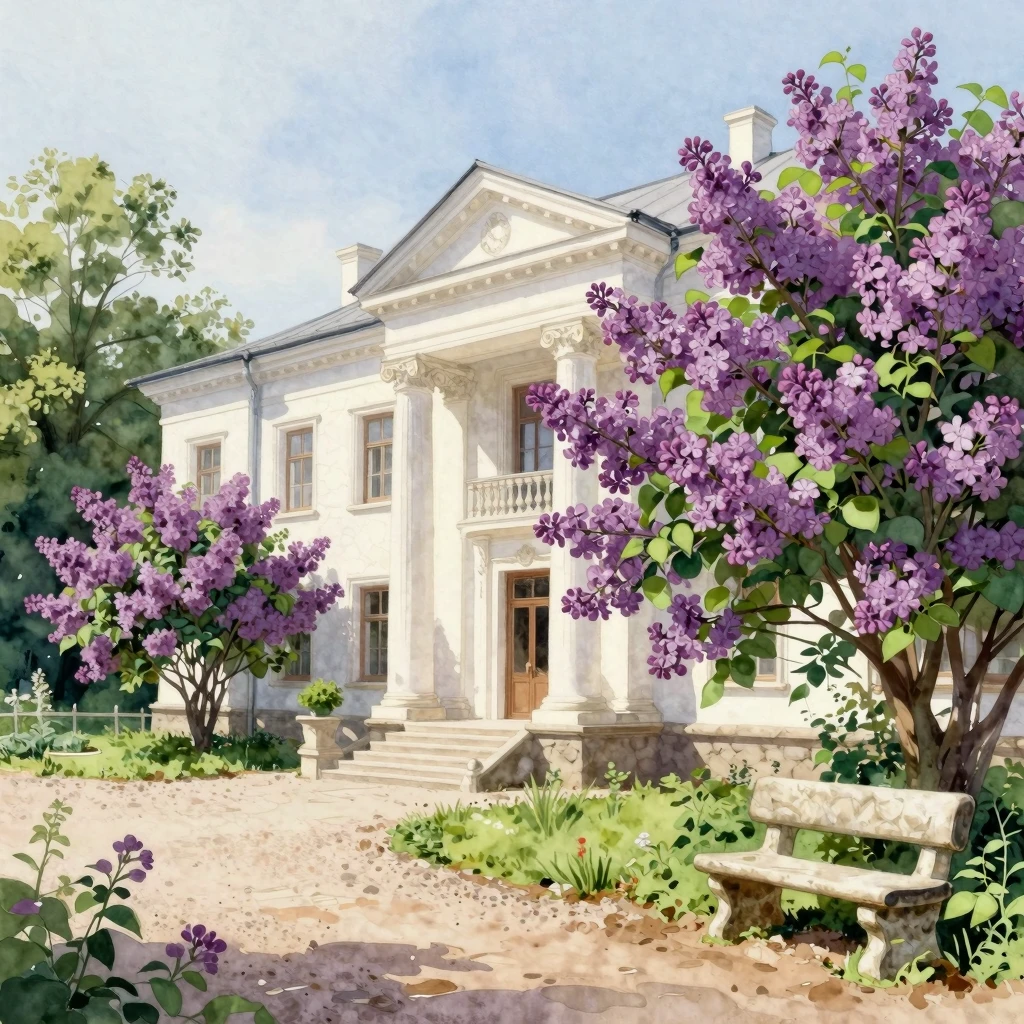 A white stone mansion with classical columns surrounded by a...