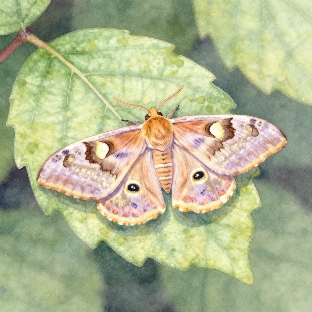 A pastel-colored watercolor painting of a moth on a leaf, so...