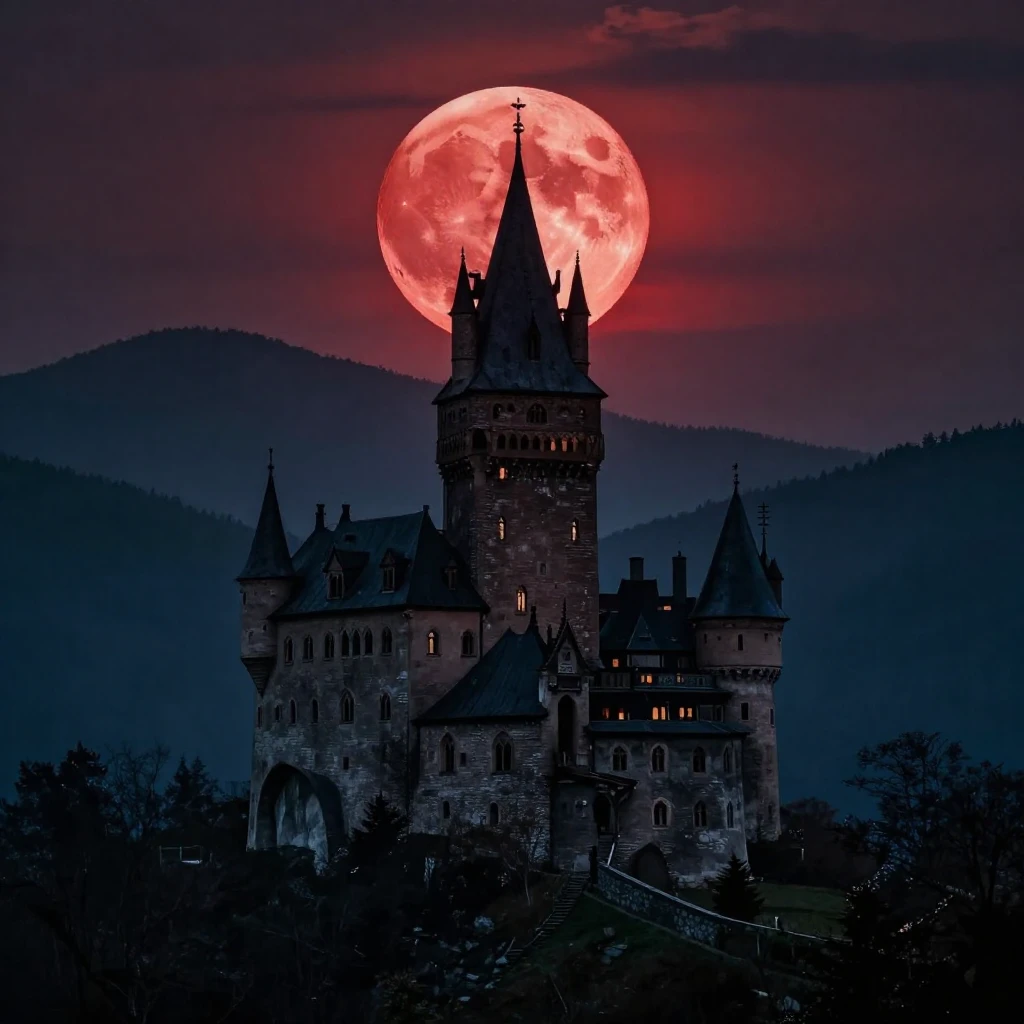 A dark, gloomy castle in the Carpathian mountains under a bl...