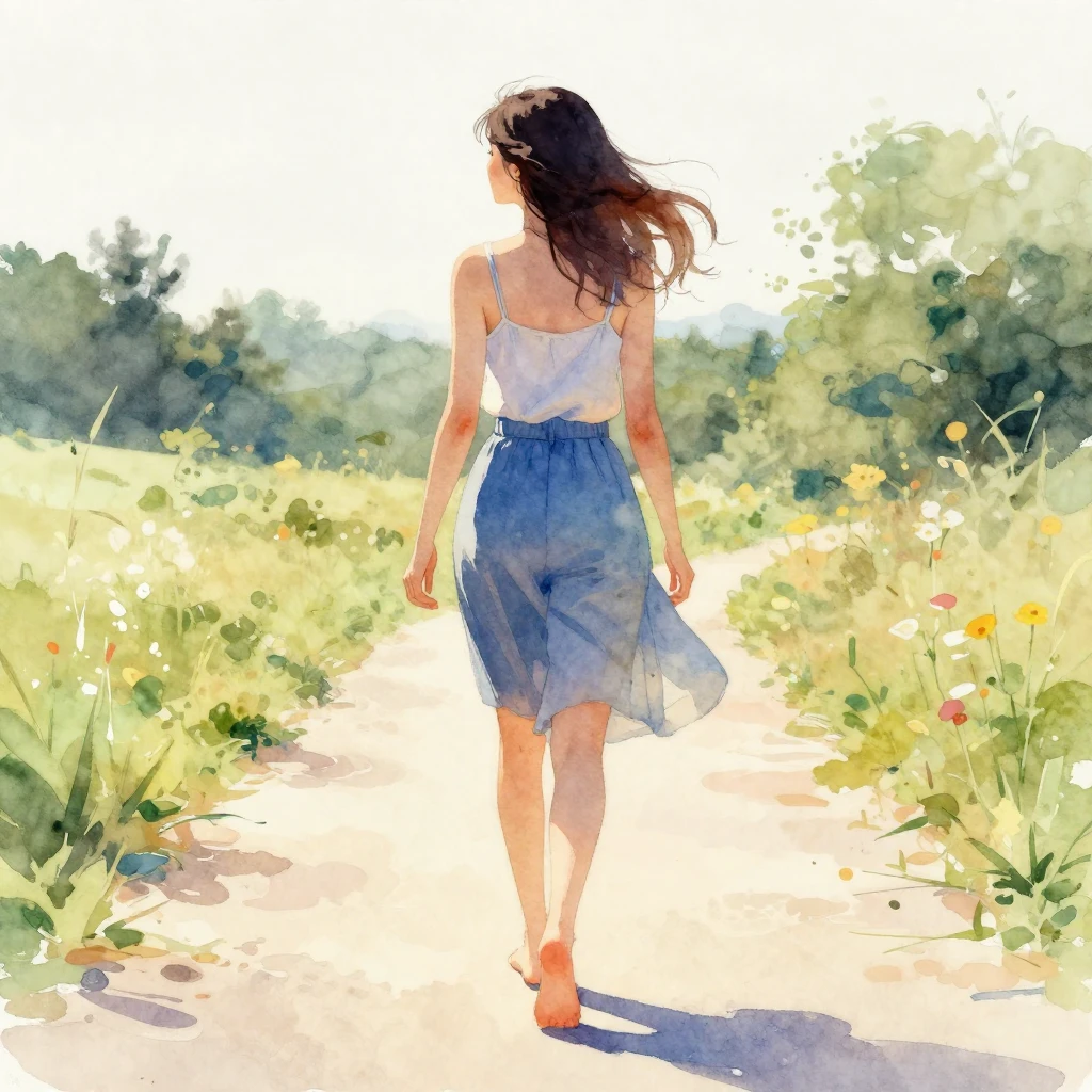 A woman walking barefoot on a path, with a sense of freedom ...