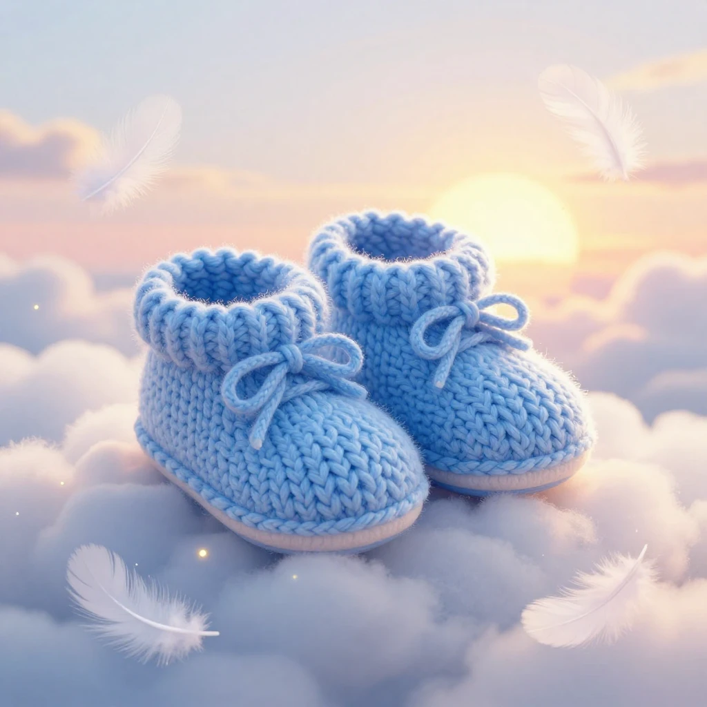 A tender illustration of a pair of baby shoes knitted in sof...