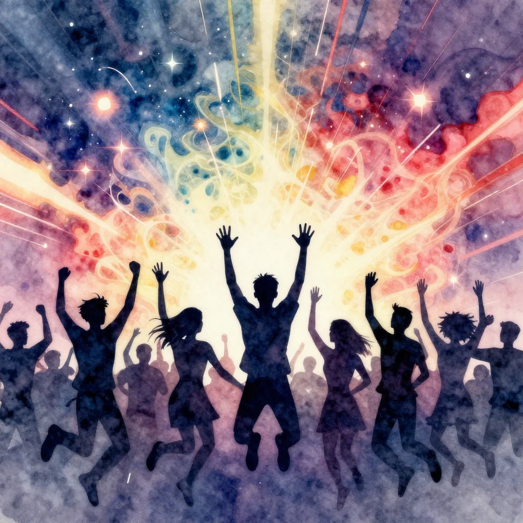 A vibrant watercolor illustration of a silhouetted crowd jum...