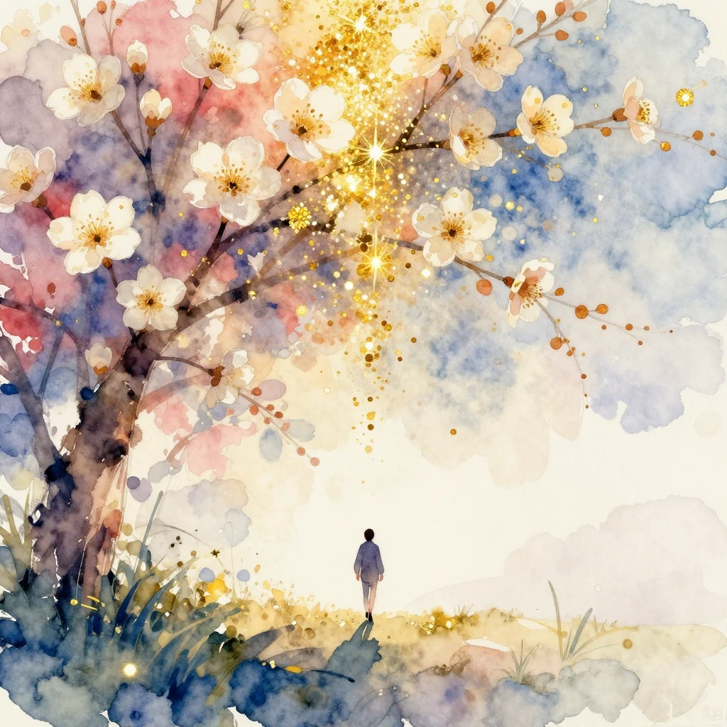 Watercolor style abstract composition with golden sparkles r...