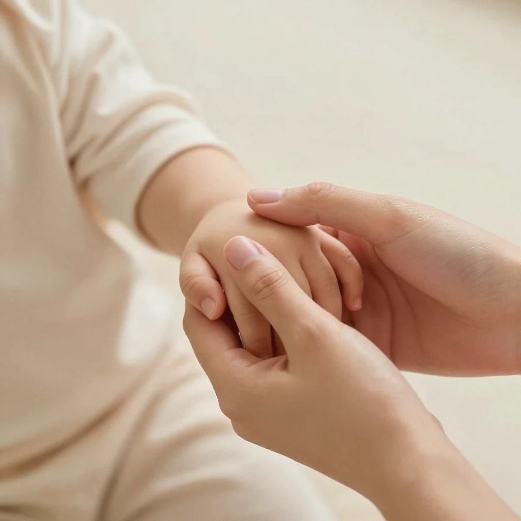 A serene and loving scene of a mother gently holding her chi...