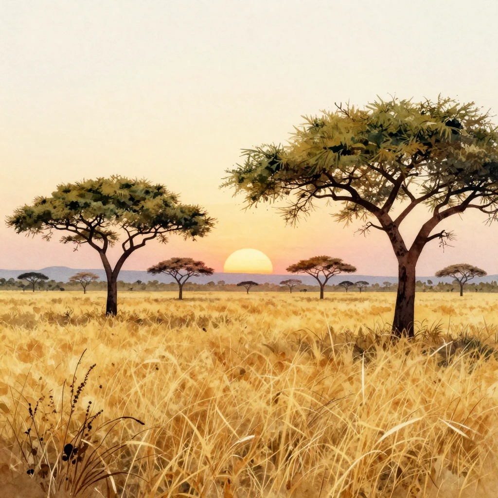 A wide savanna landscape with golden grass, acacia trees, an...