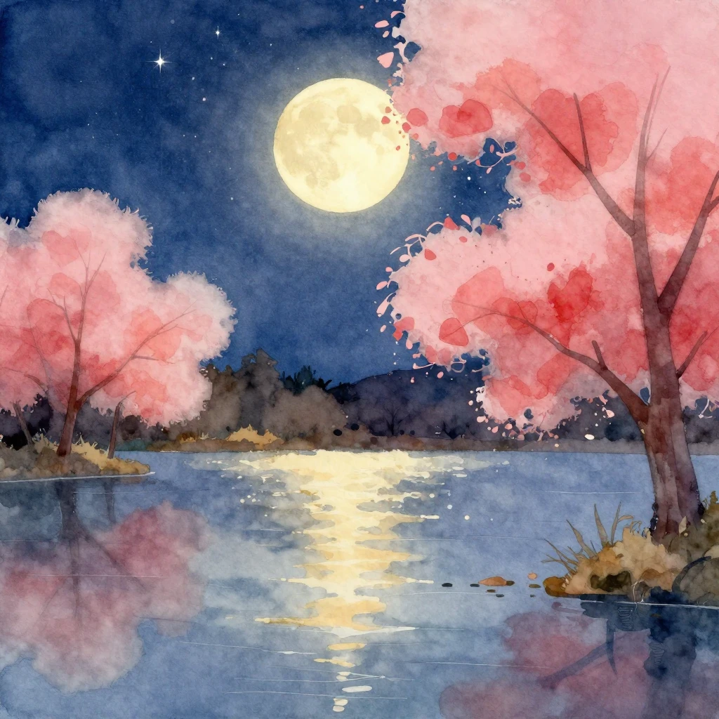 A watercolor painting of a calm lake reflecting a starry nig...