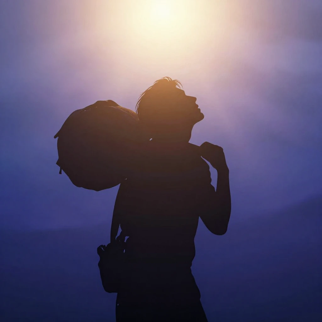 A silhouette of a person with a heavy burden, looking up tow...