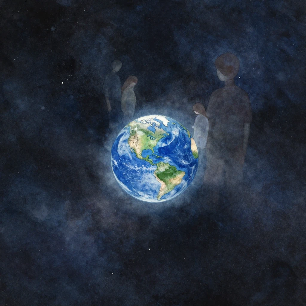 Distant, ethereal figures or silhouettes of two observers ar...