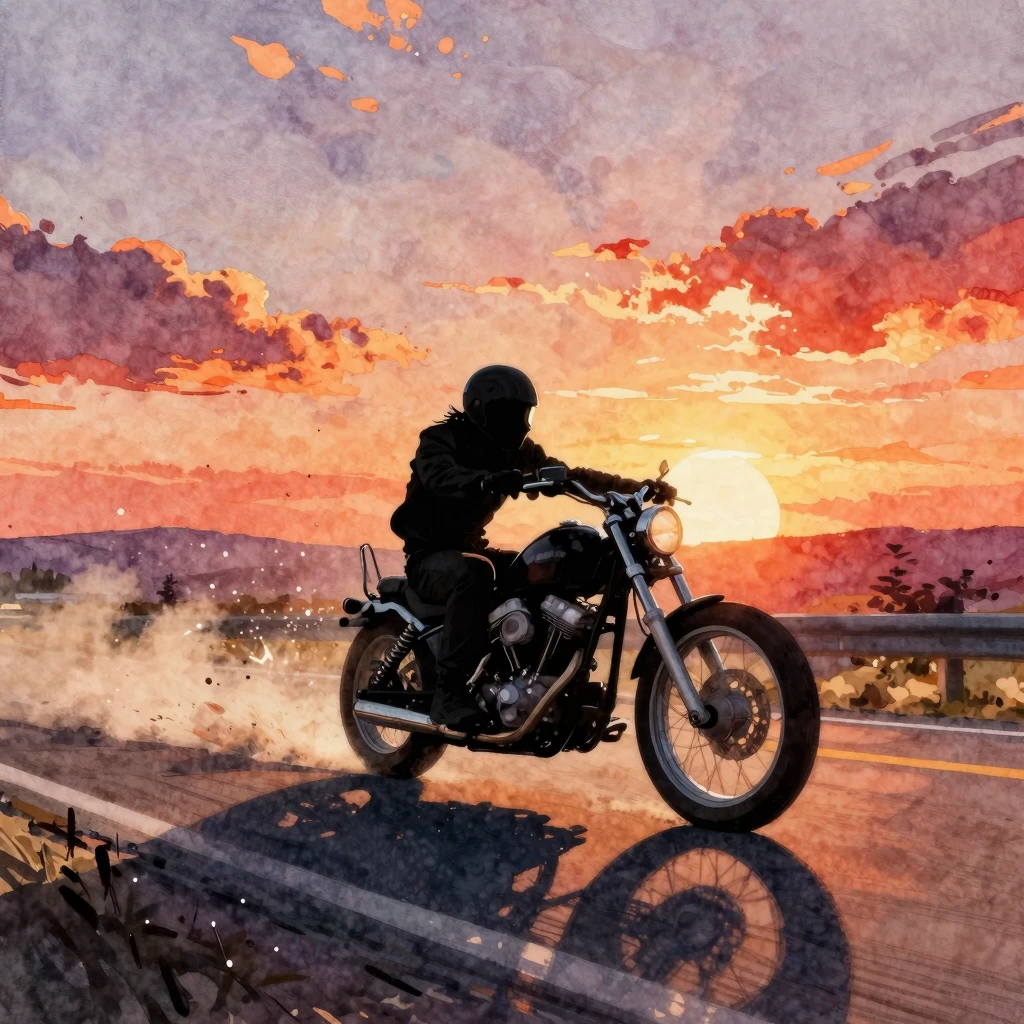 Vibrant watercolor style. A lone wolf biker silhouette on a ...