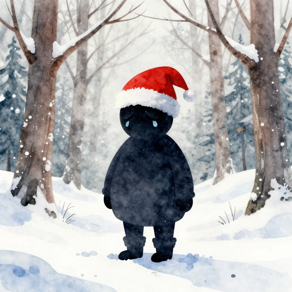 A silhouette of a sad Santa Claus, with a single tear on his...