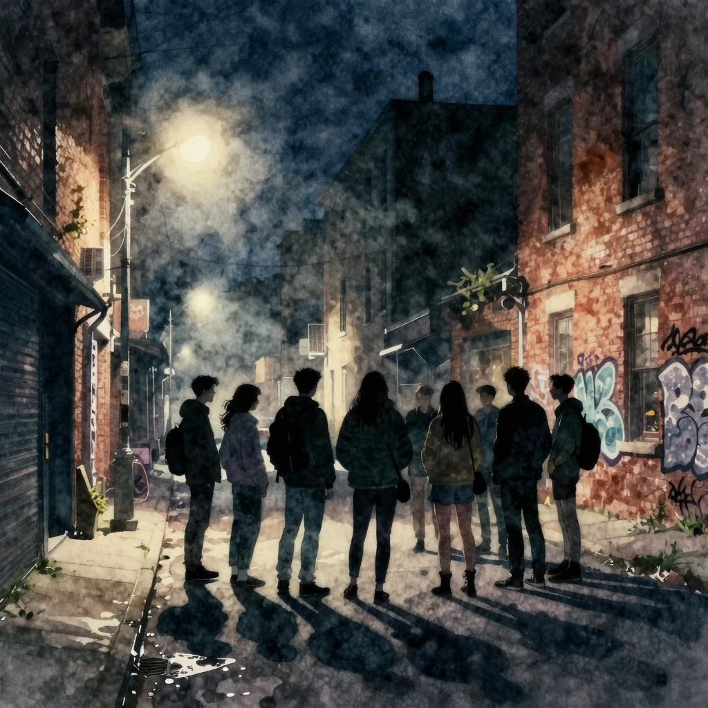 Watercolor style. Dark urban street at night, glowing street...