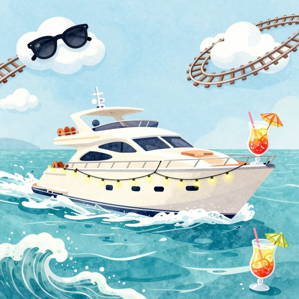 Watercolor style cartoon illustration of a luxury yacht cutt...