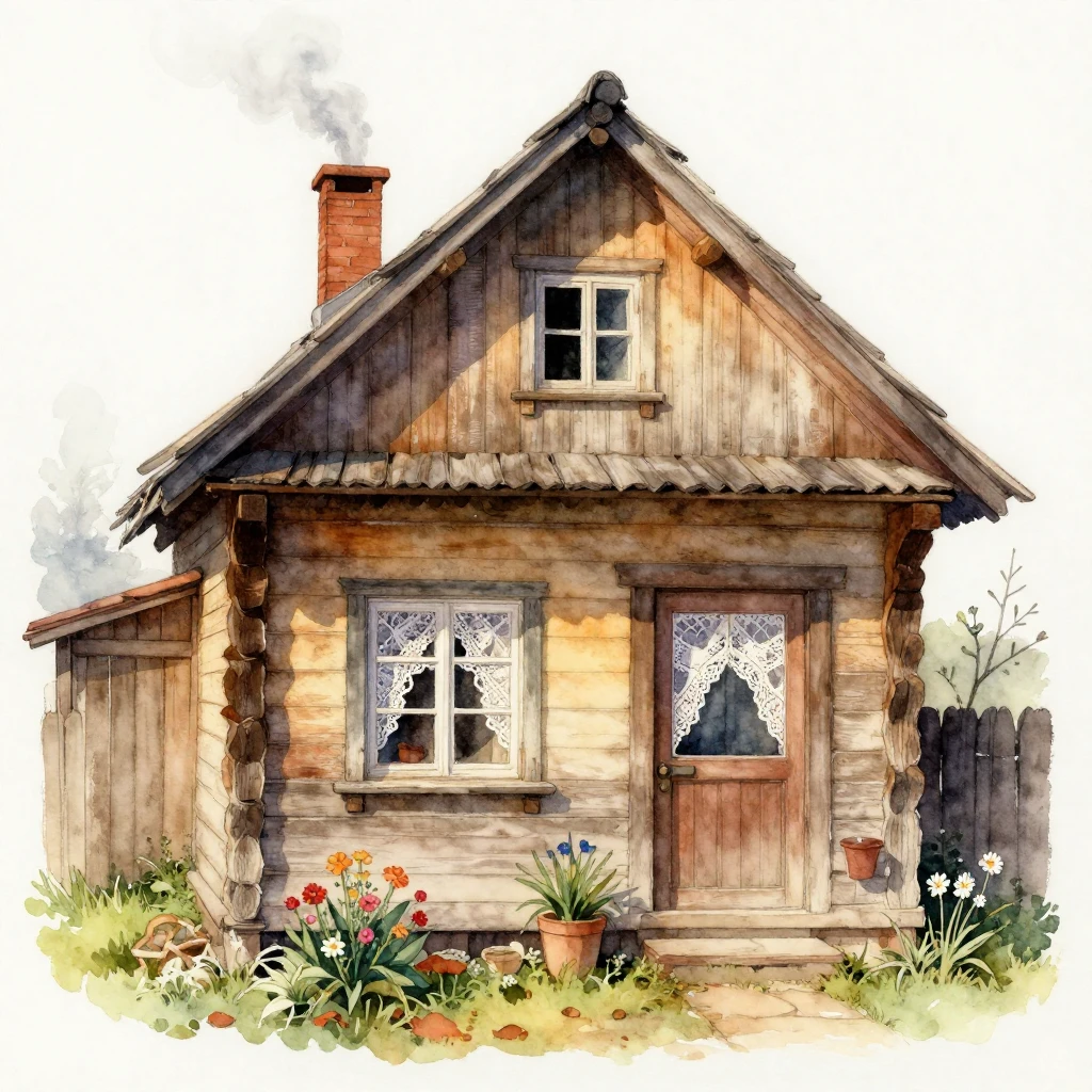 A watercolor painting of a cozy, rustic wooden house with in...