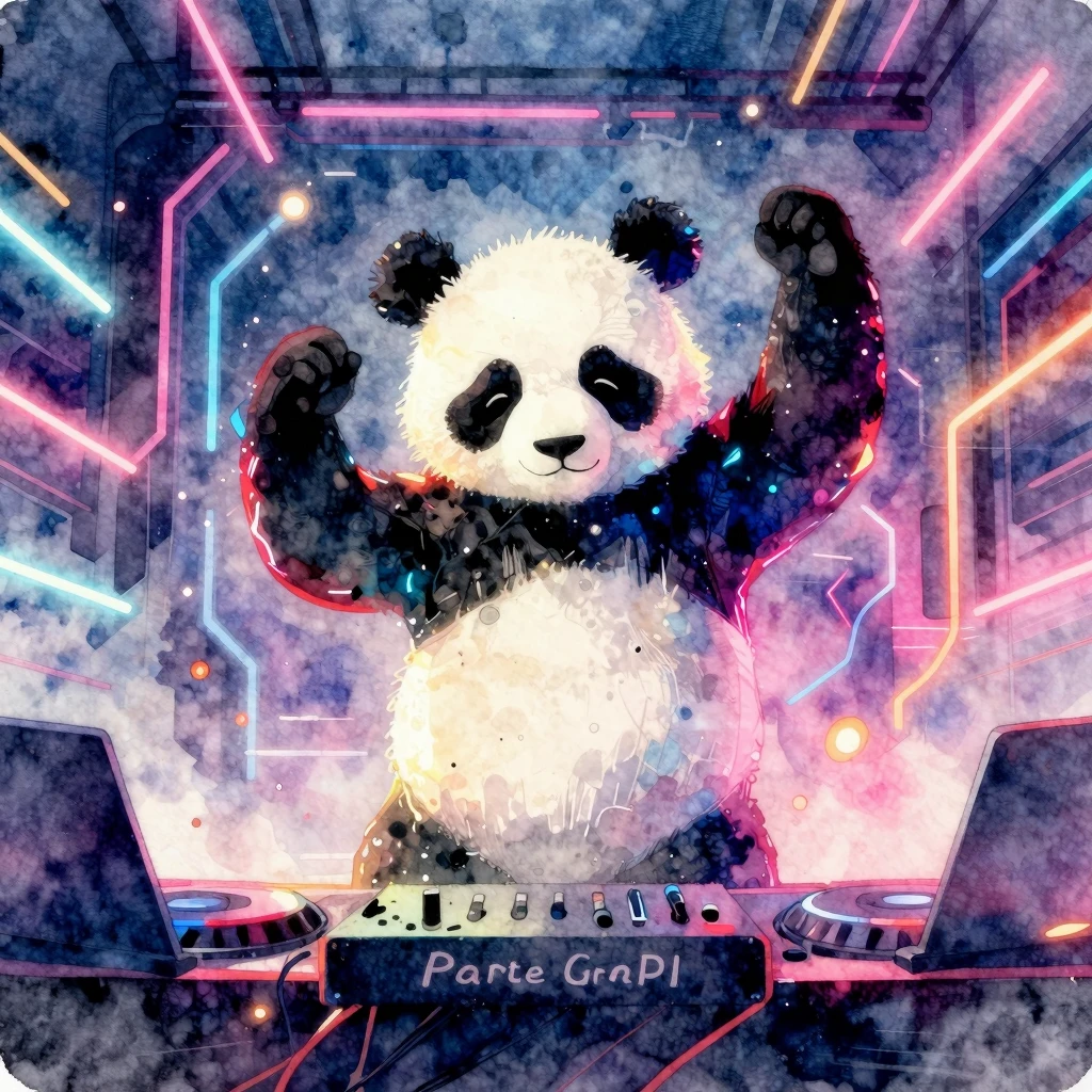 Vibrant watercolor style. Techno panda DJ, glowing neon ligh...