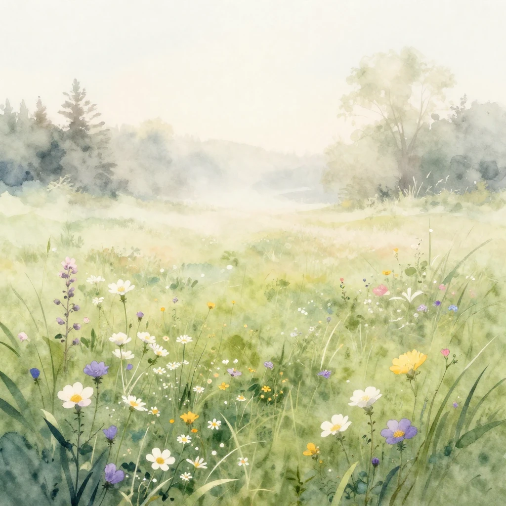 A serene watercolor painting of a spring meadow at dawn. Sof...