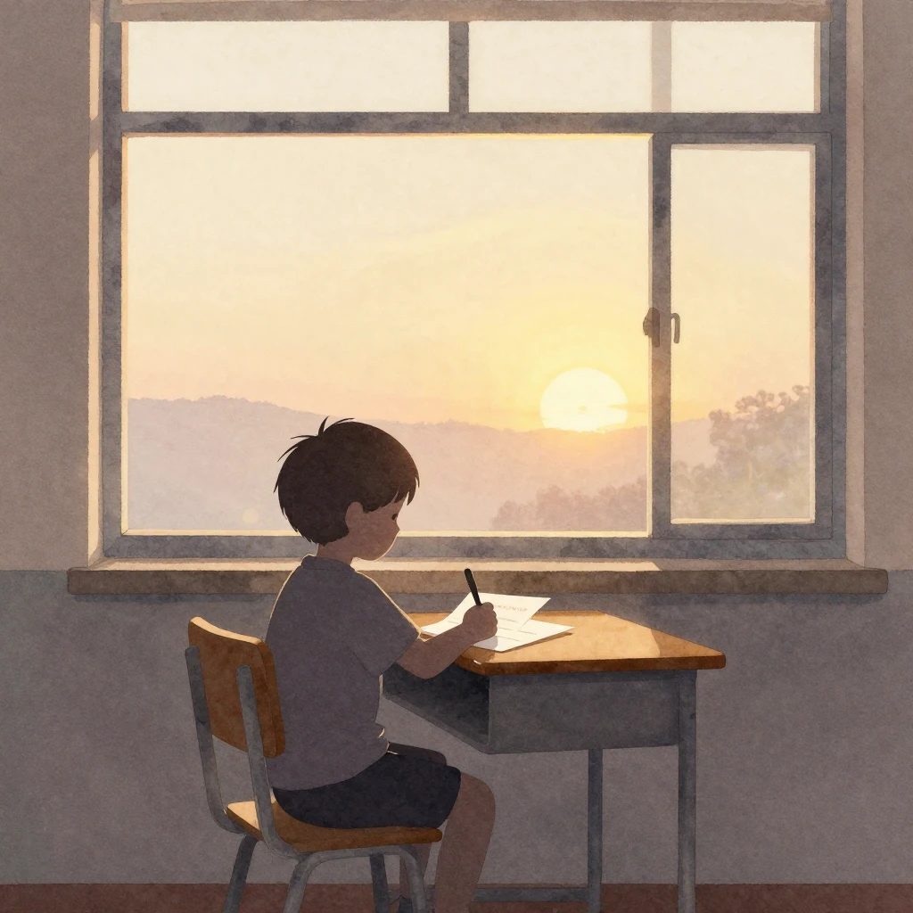 Watercolor style. A silhouette of a small child sitting at a...