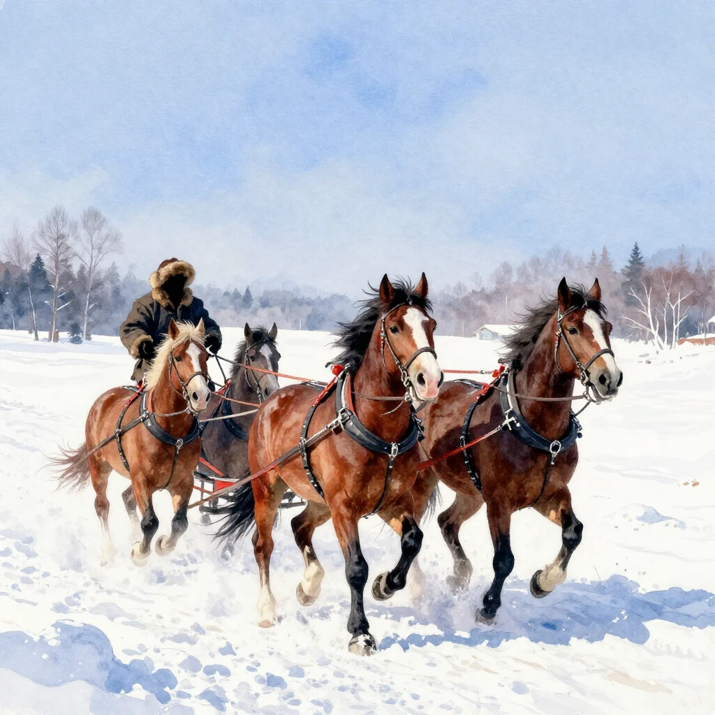 Vibrant watercolor style. A traditional Russian troika, with...