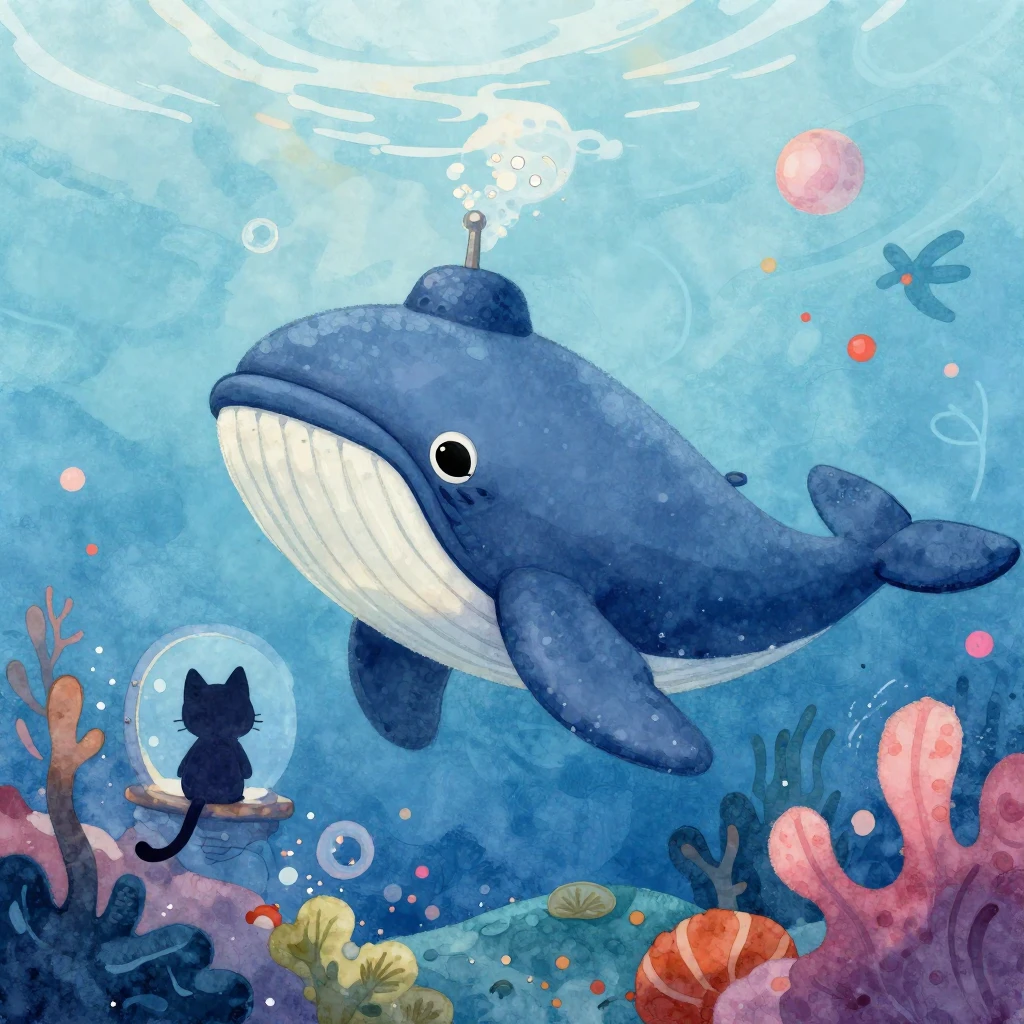 A friendly, whale-like submarine with fins, depicted in a vi...