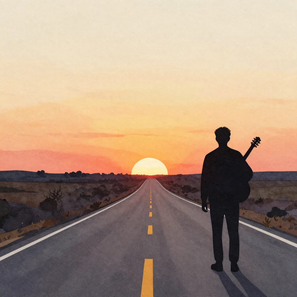 Watercolor painting of a winding road leading to a sunset ho...