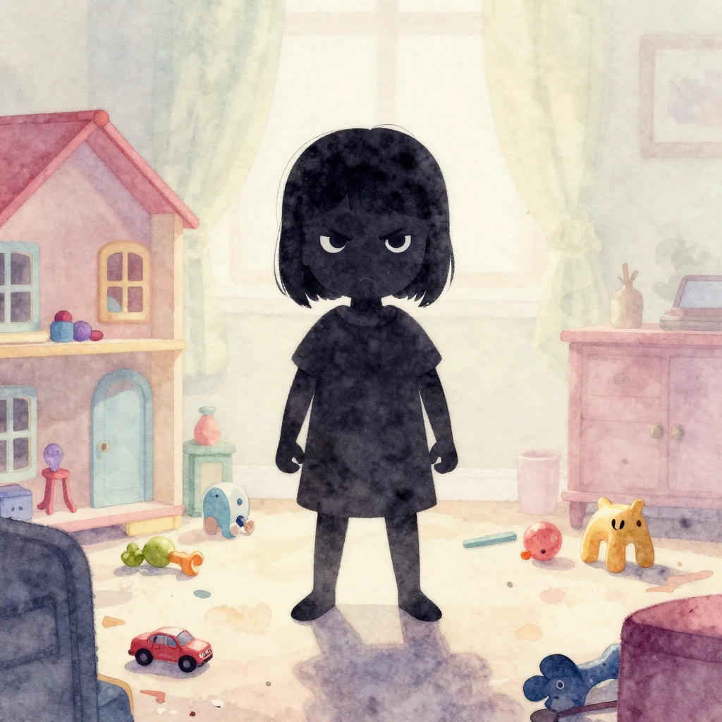 Watercolor style. A silhouette of a small angry girl in a me...