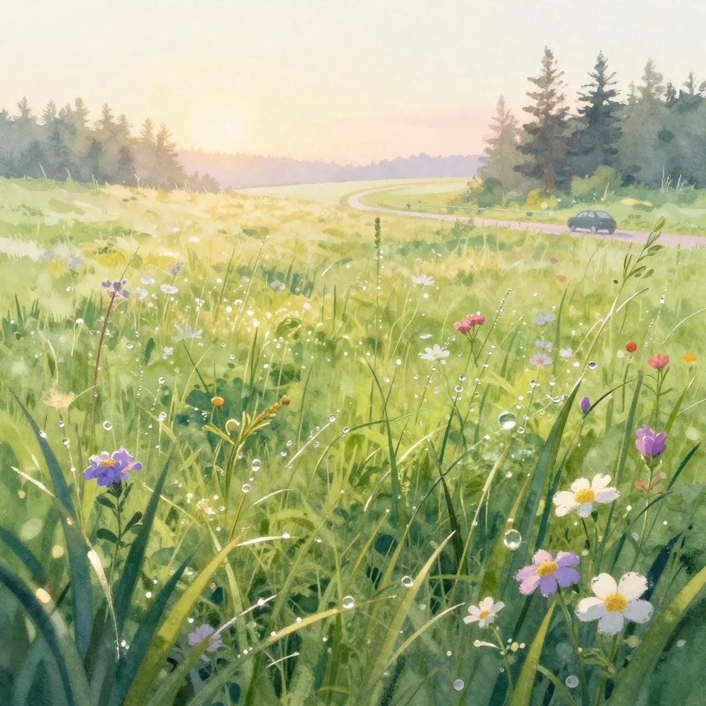 A vibrant, dreamy watercolor illustration of a dew-kissed me...