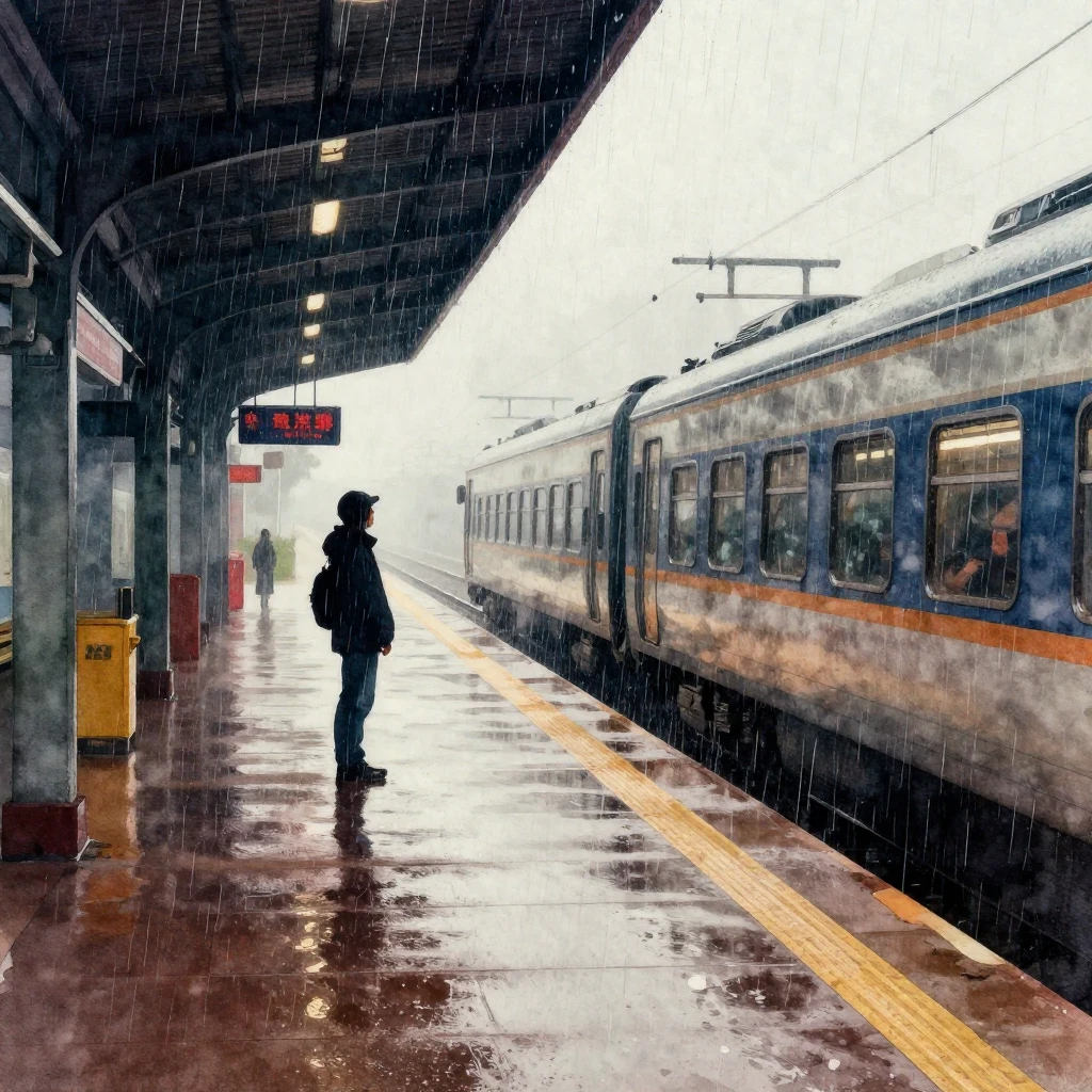 A deserted train platform under a heavy downpour, with refle...