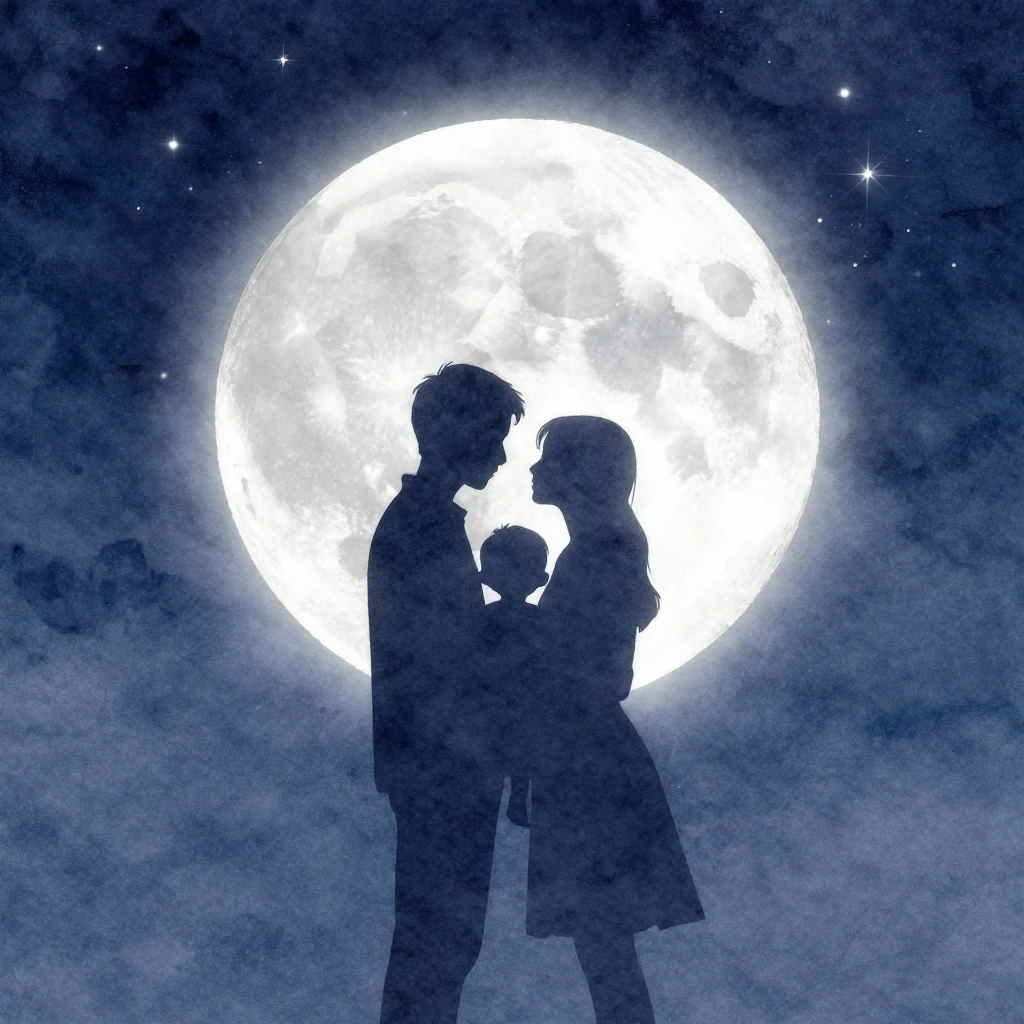 A watercolor silhouette of a family embracing under a giant ...