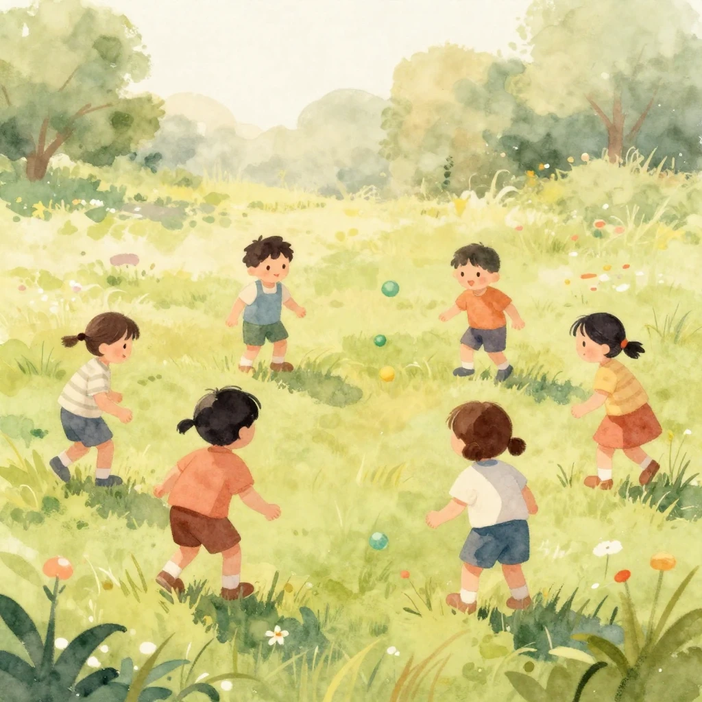 A dreamy watercolor painting depicting children playing simp...