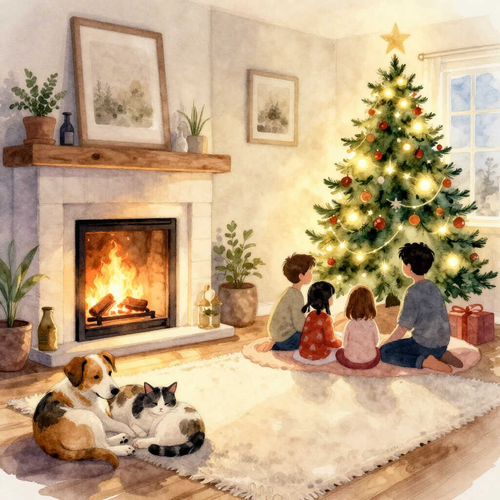 A cozy living room scene with a dog and two cats comfortably...