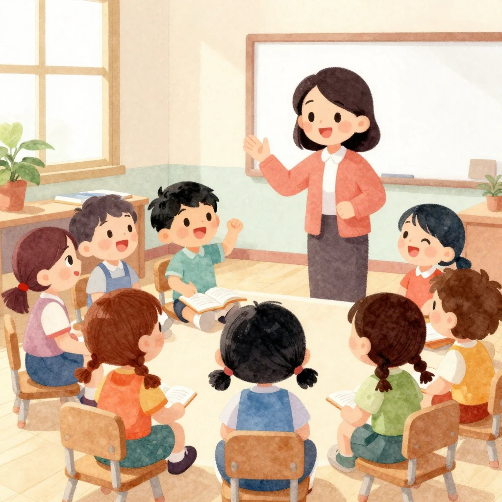 A vibrant watercolor illustration showing a kind teacher int...