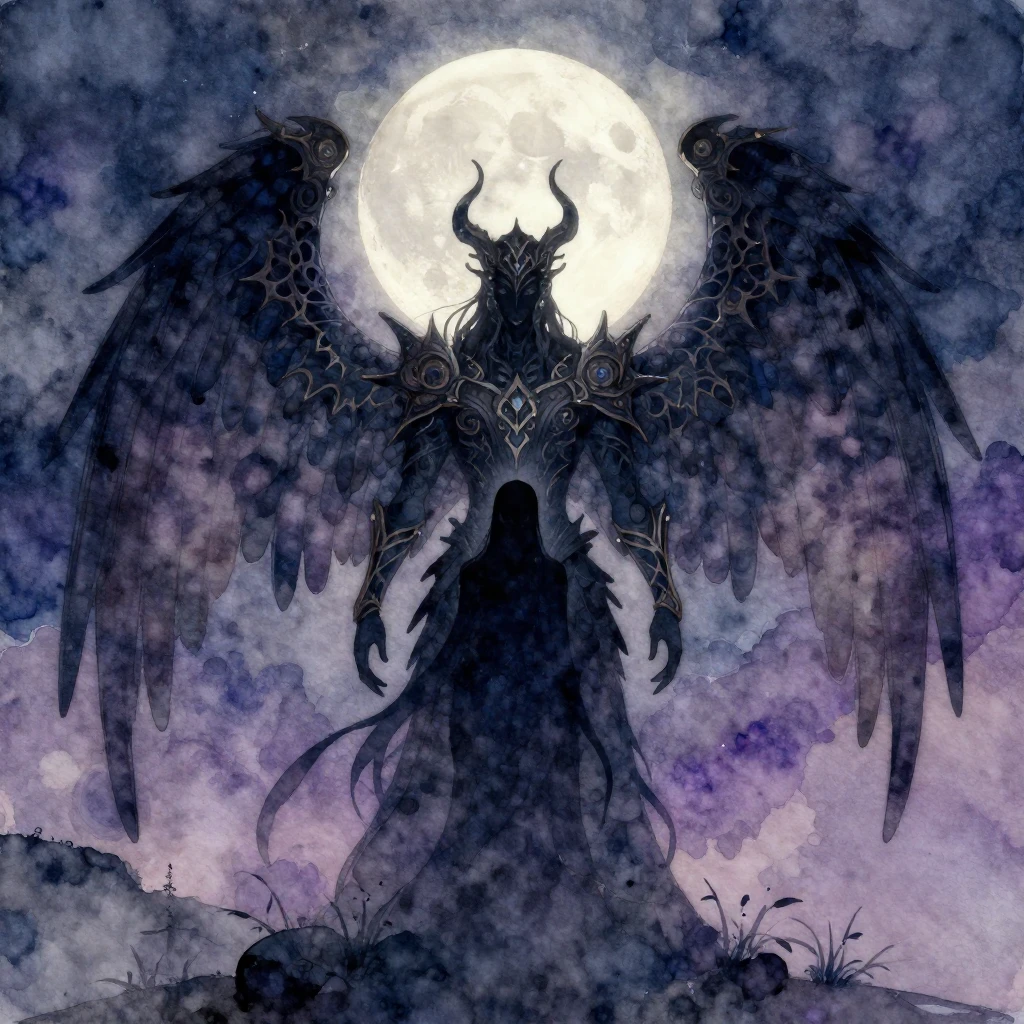 A majestic, shadowy fantasy guardian figure with large, intr...