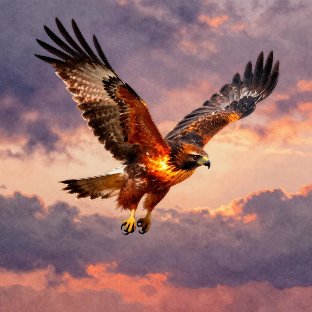 Majestic hawk soaring high, wings spread wide, against a dra...