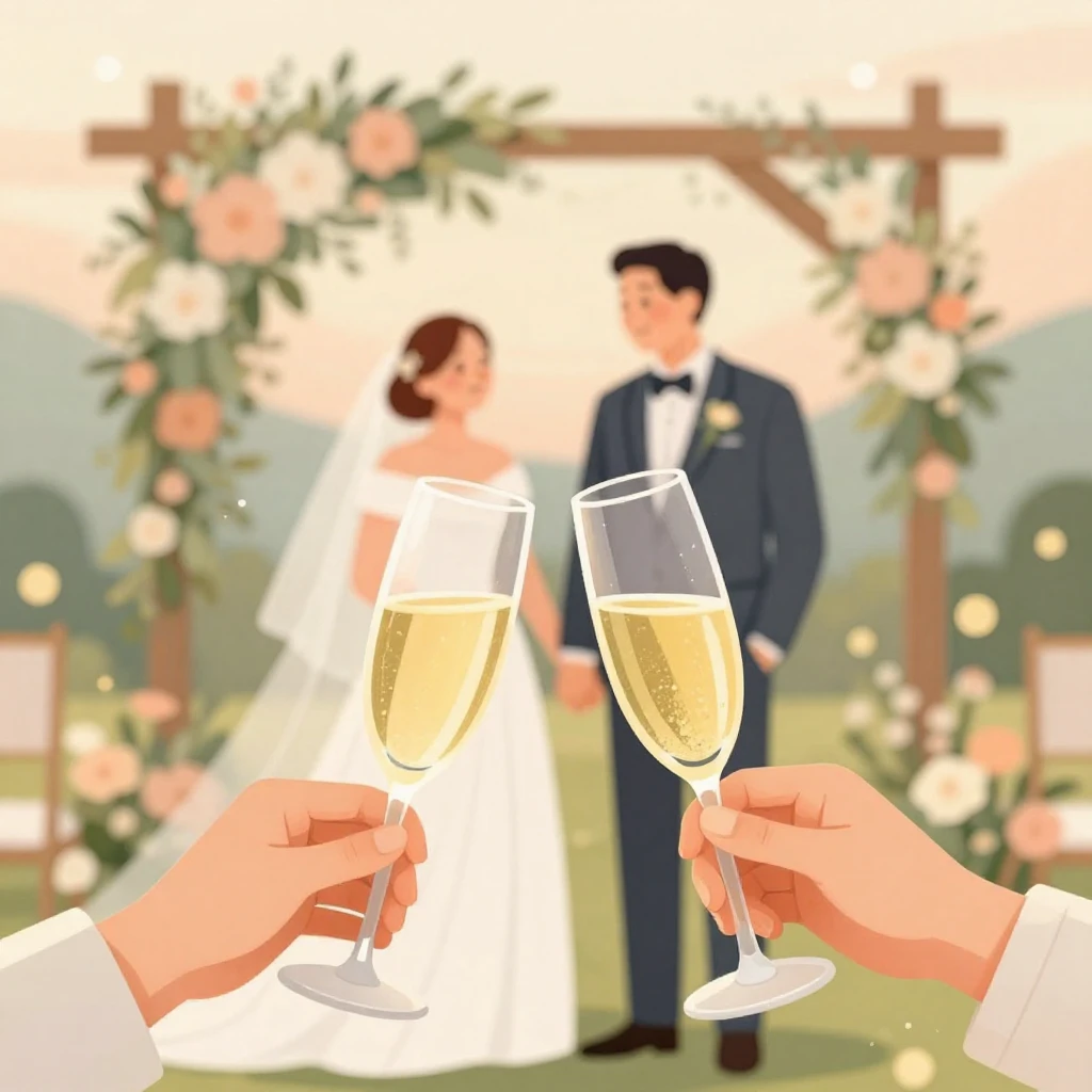 A warm, nostalgic illustration of a wedding setting outdoors...