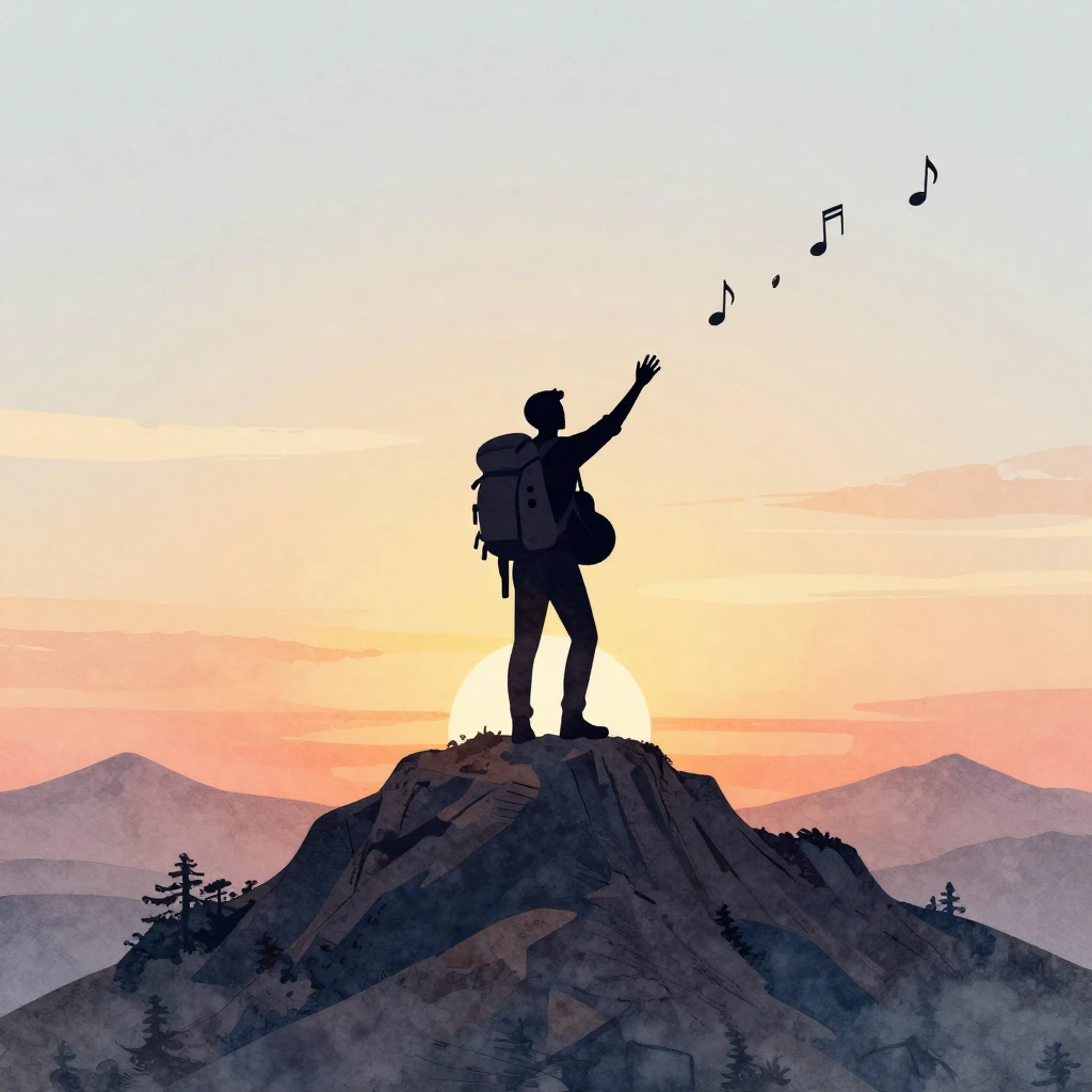 A watercolor painting of a lone traveler's silhouette, carry...