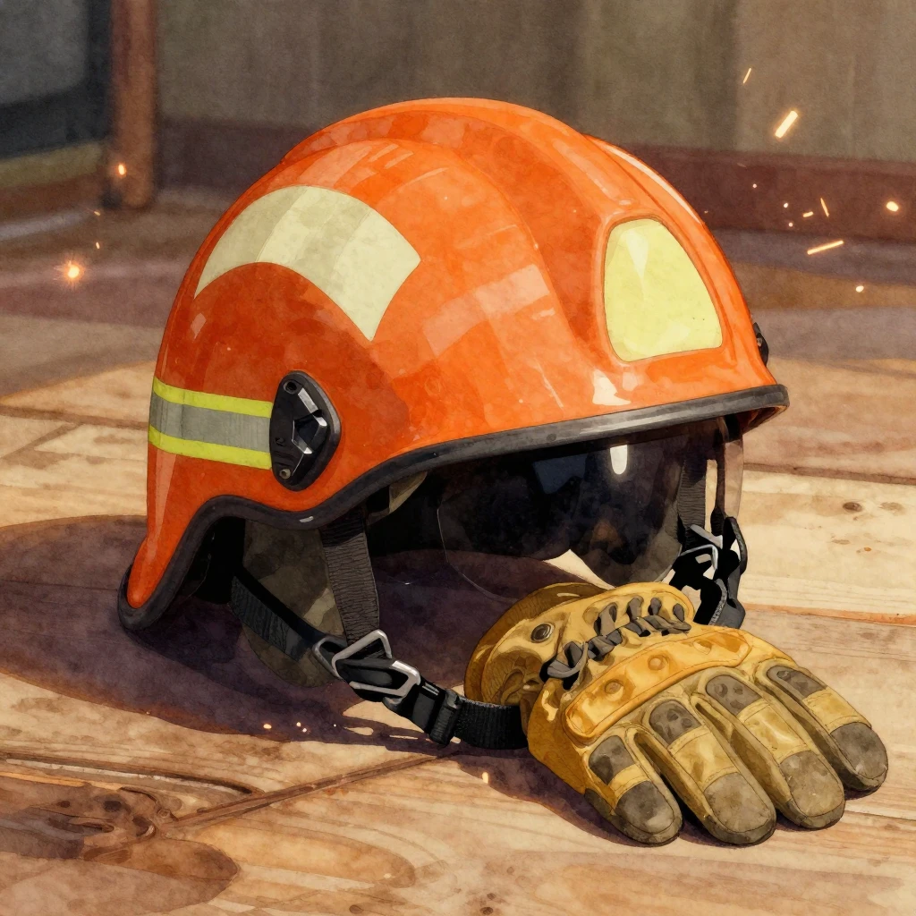 A stylized orange rescue helmet and heavy-duty gloves restin...