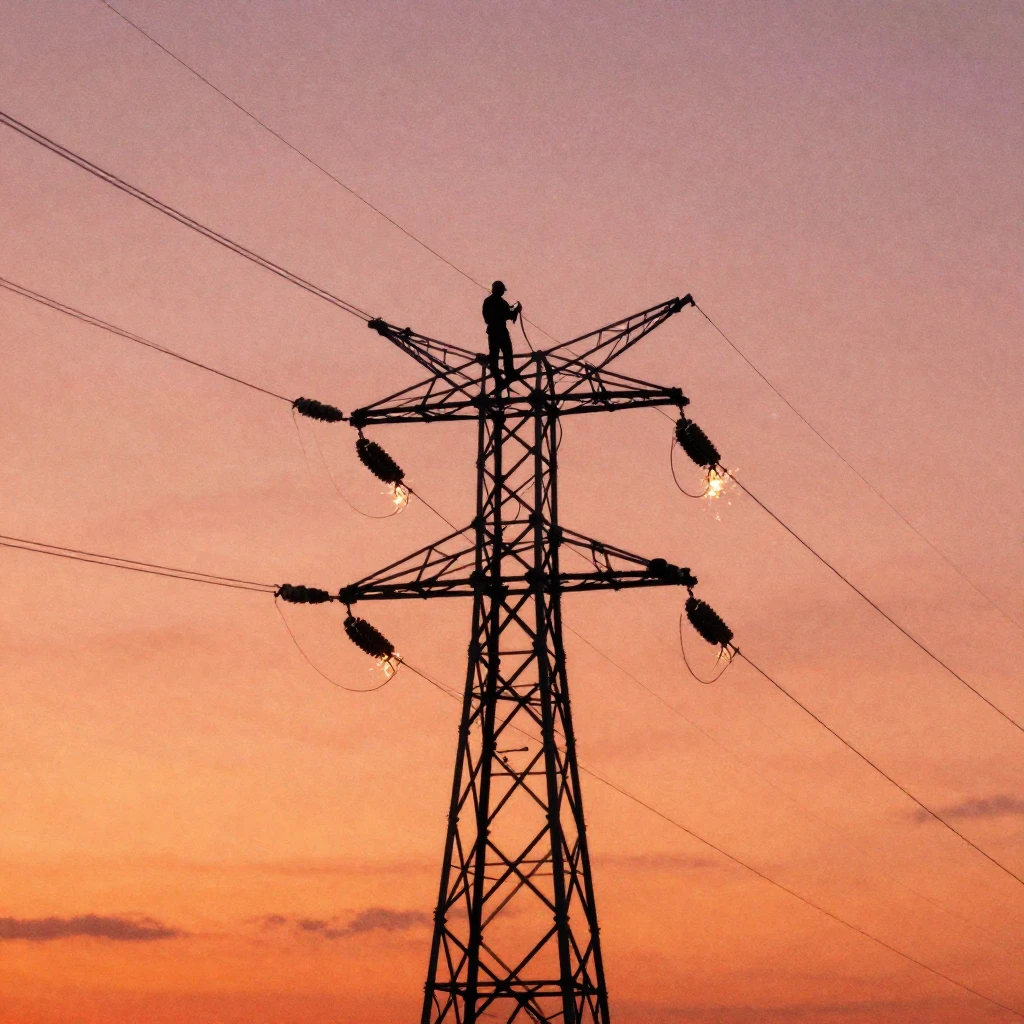 A dark silhouette of a power line worker on a high-voltage t...