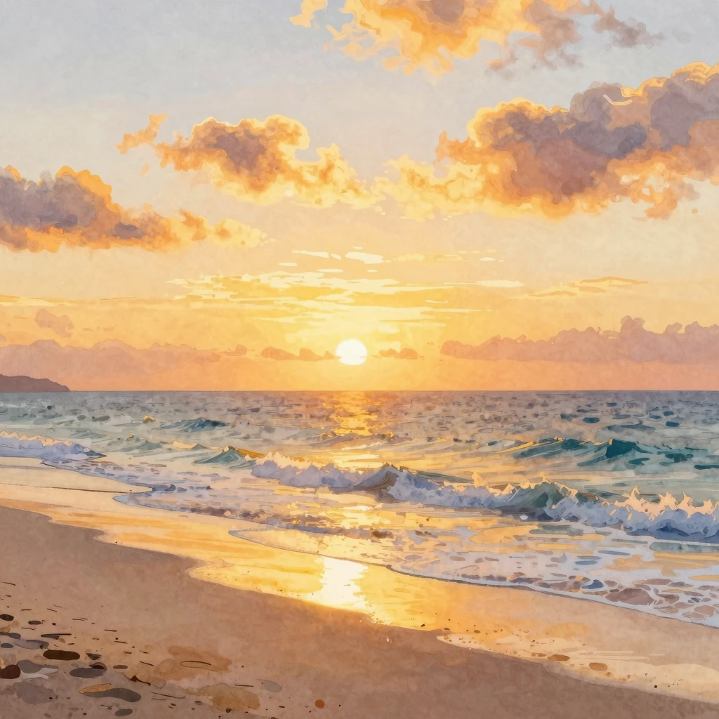 Vibrant watercolor painting of an August sunset, a wide beac...