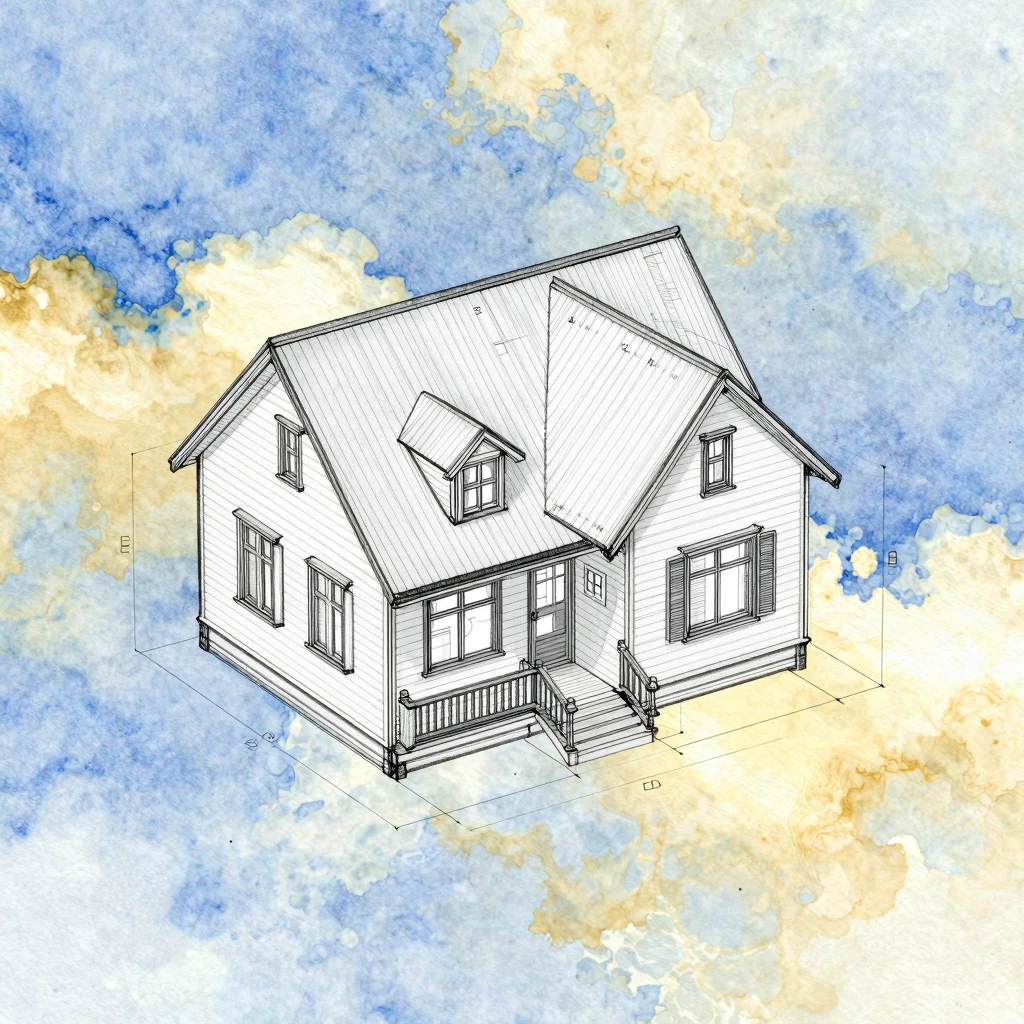 Watercolor painting of a detailed blueprint of a house, feat...