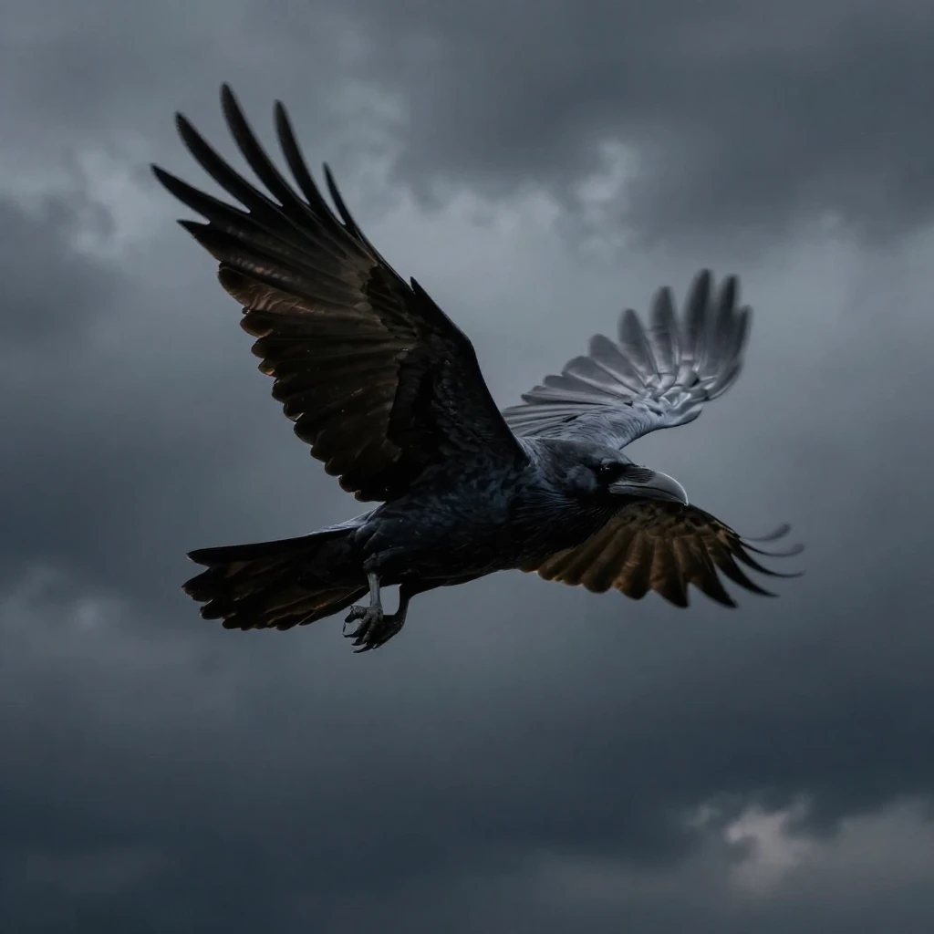 A lone black raven with wings spread wide, soaring gracefull...