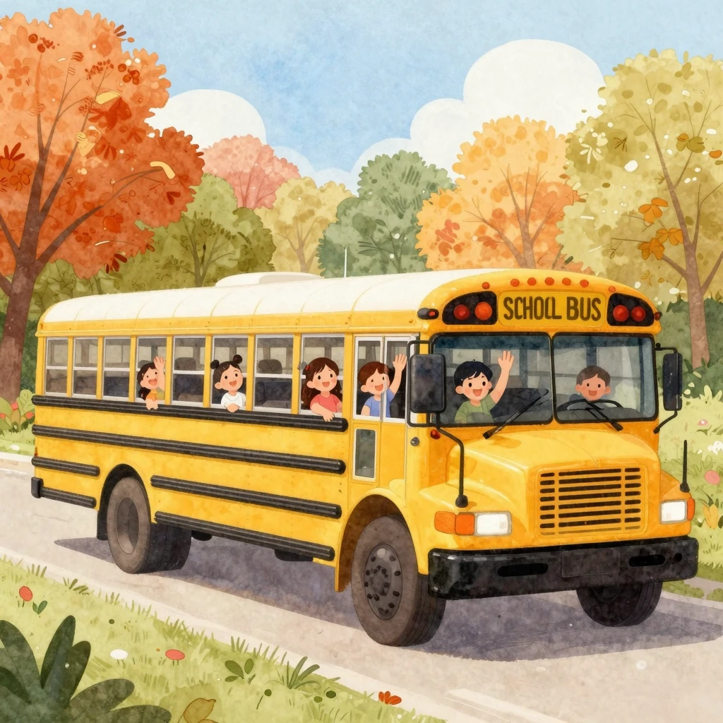 Watercolor illustration of a yellow school bus with happy ch...