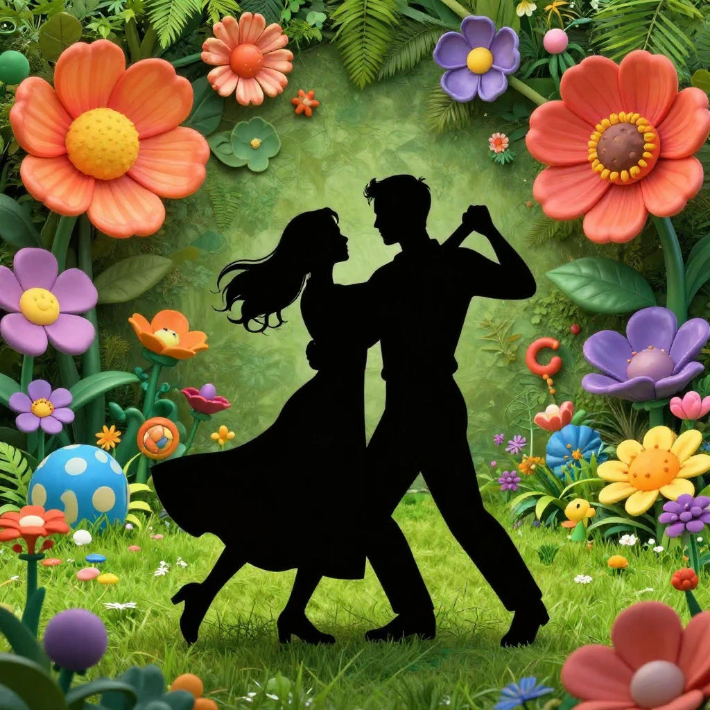 A silhouette of a couple dancing humorously in a fantastical...