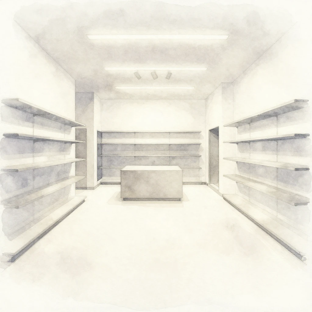 Watercolor painting of a bright, empty modern retail space i...
