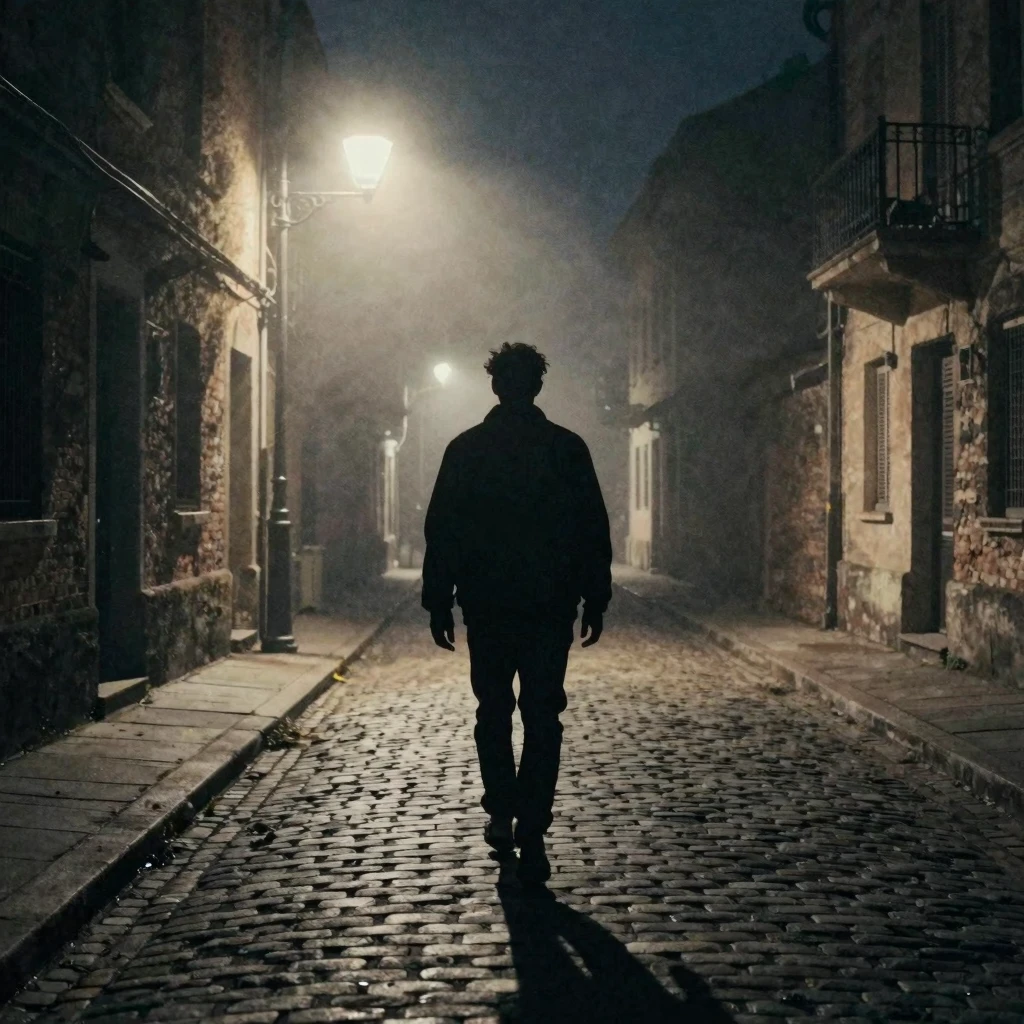 Watercolor style. A lone silhouette of a man walking down a ...