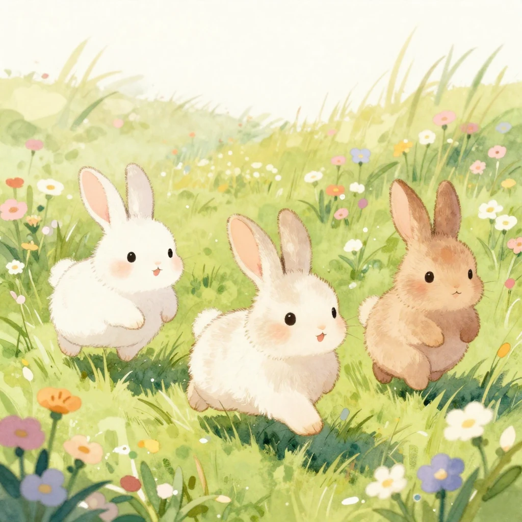 A charming watercolor illustration of three cheerful little ...