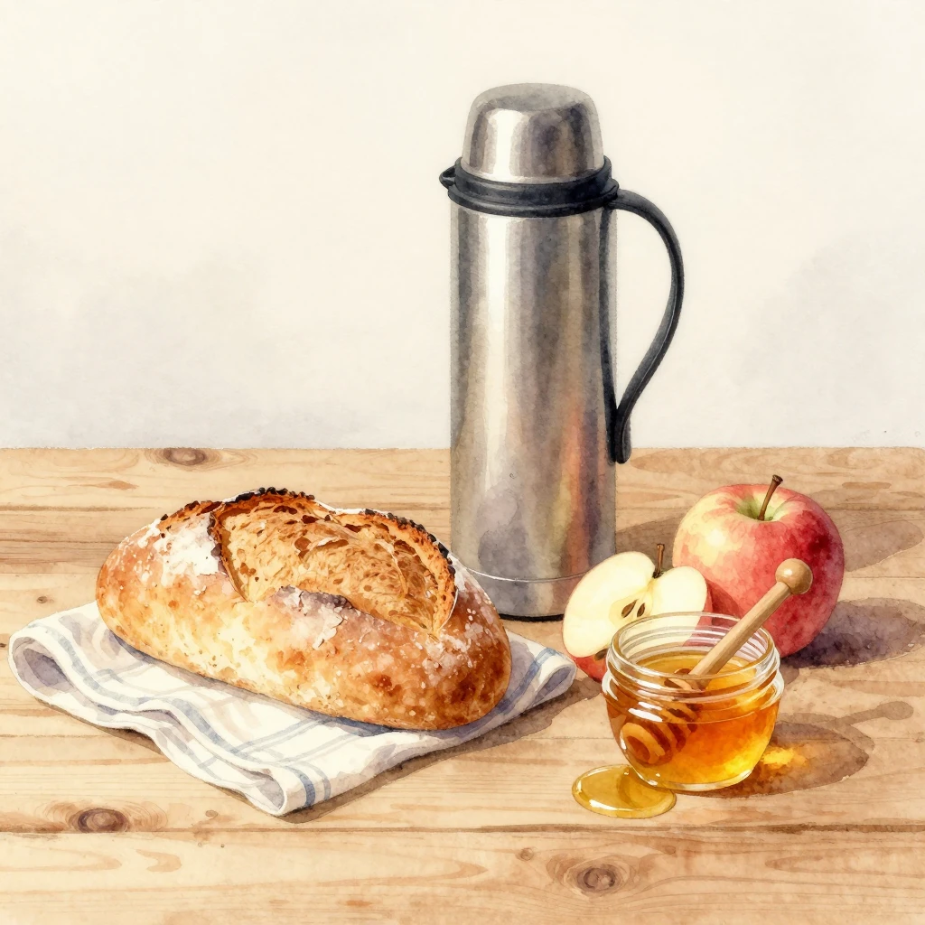 Warm and cozy watercolor still life with a thermos, fresh br...