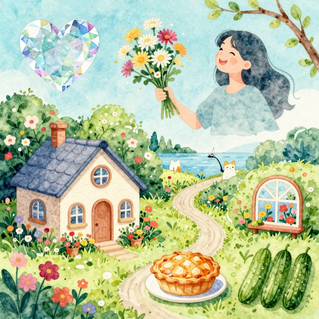 Vibrant watercolor illustration for a birthday song. Cozy, n...