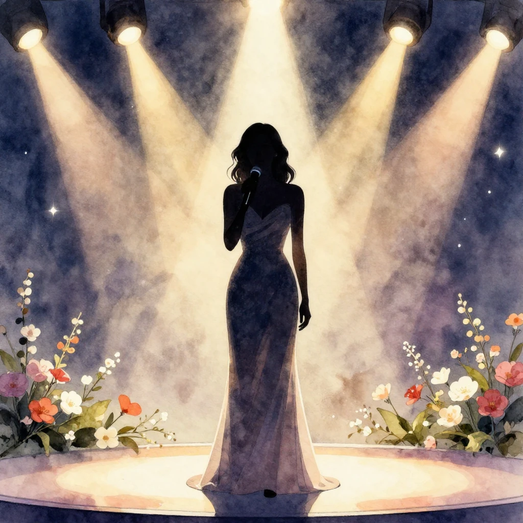 Watercolor style, silhouette of a female stage presenter hol...
