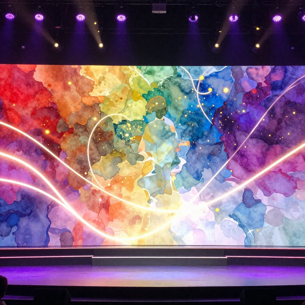 A modern stage with abstract glowing lines and golden sparkl...
